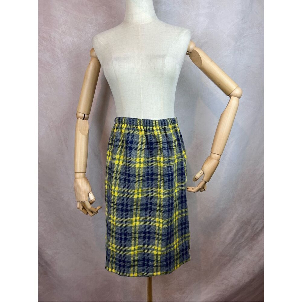 Vintage 1960s 1970s Plaid Wool Skirt Blue Yellow Checkered Mod GoGo MCM Sz Med
